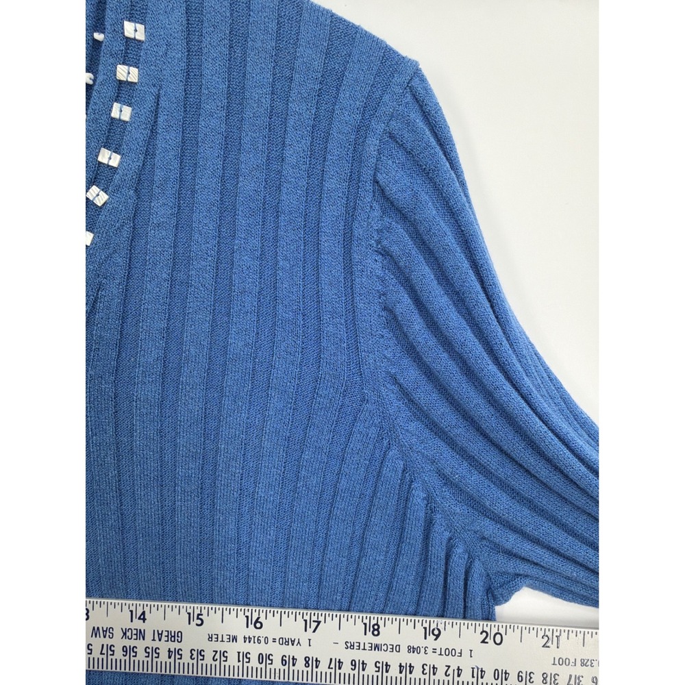 Vtg Sigrid‎ Olsen Sport Blue Ribbed V-Neck Beaded Sweater Lg Cotton Rayon Blend - Picture 3 of 7